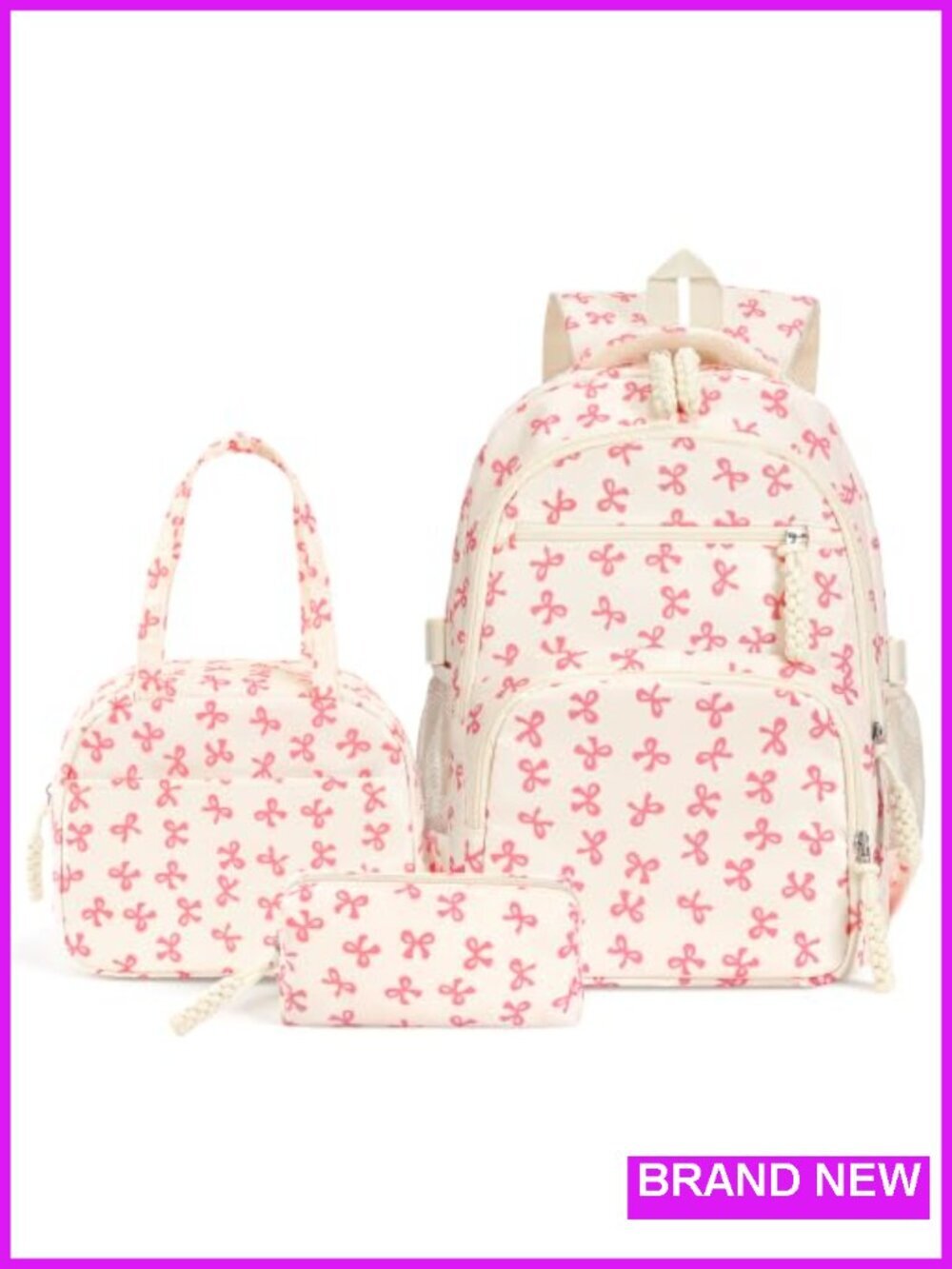 Nylon Bow Backpack Set with Laptop Compartment - Kawaii Daypack Cute Coquette